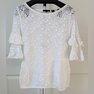 JEANNE PIERRE White Crochet Ruffle Sleeve Top